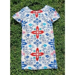 Boden Folk Art Linen Shift Dress Scandinavian Floral Print Size 12 Coastal Chic